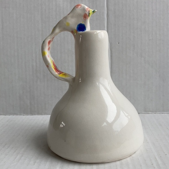 Creamy white bird handle pottery vase pitcher - Picture 5 of 13